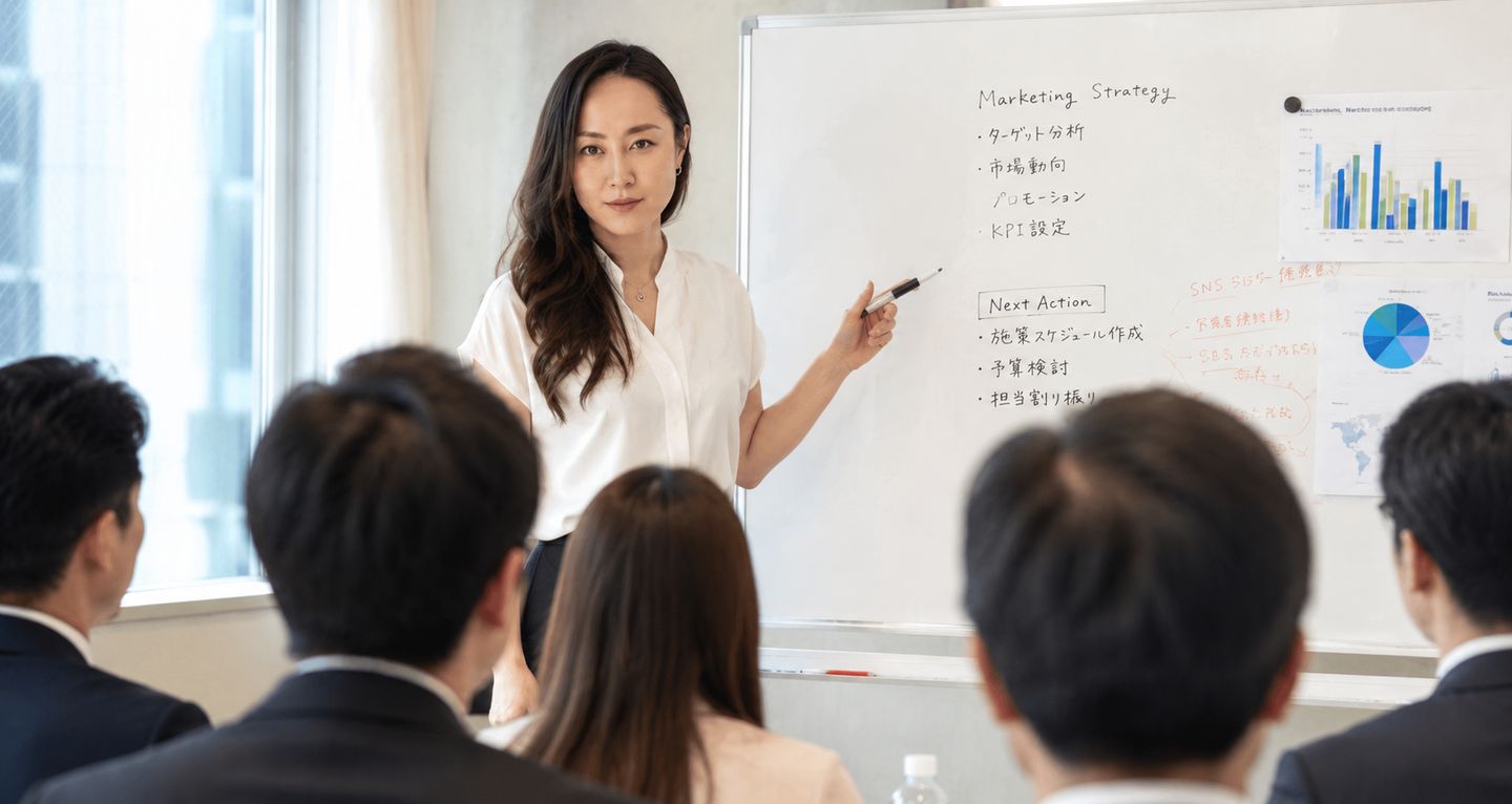 ホワイトボードを使って企業研修を行う講師と、それを聞く参加者たちの様子